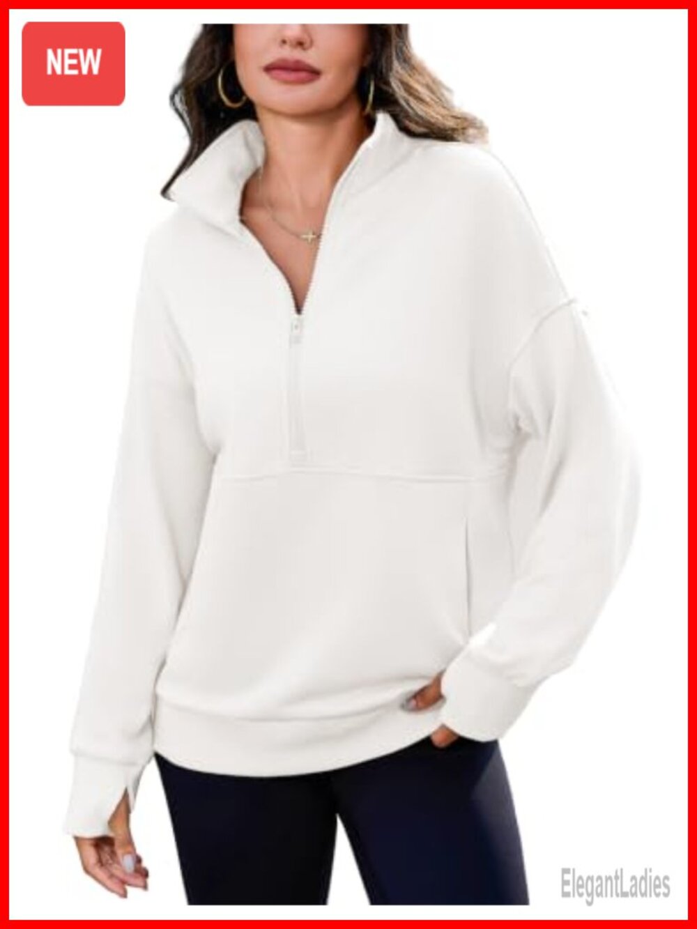 Half Zip Oversized Sweatshirt Drop Shoulder Pullover Thumb Holes